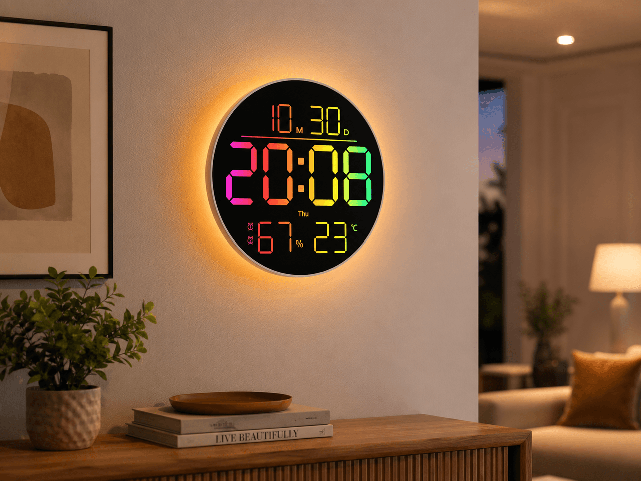 Годинник настінний 6695R/Настінний годинник круглий RGB з пультом/ Календарем, температура, вологість