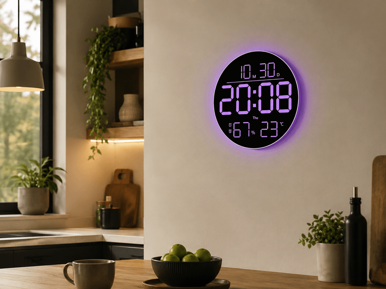 Годинник настінний 6695R/Настінний годинник круглий RGB з пультом/ Календарем, температура, вологість