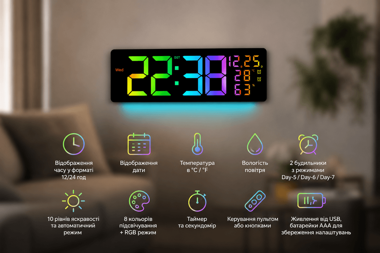 Настінний годинник 6669R/ Електронний LED-годинник/RGB годинник з пультом