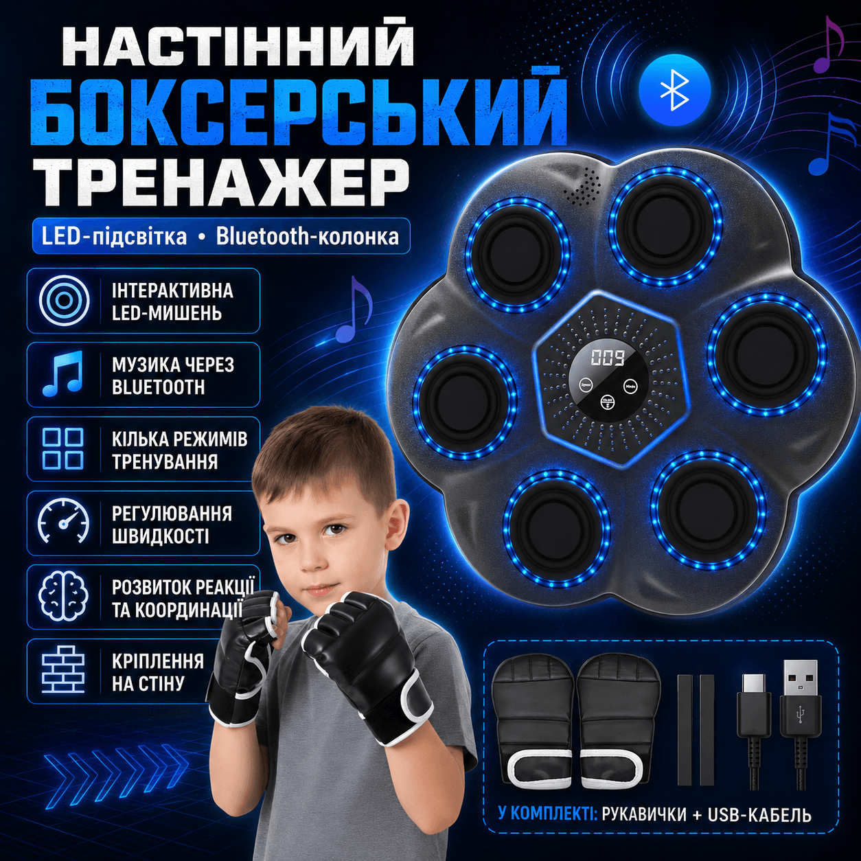 Настінний боксерський тренажер з LED-підсвіткою, LY-1083 Bluetooth-колонкою та режимами тренування