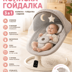 Колиска-гойдалка дитяча/Кольоровий центр-шезлонг 3 в 1 M06 з Bluetooth, музикою та пультом керування