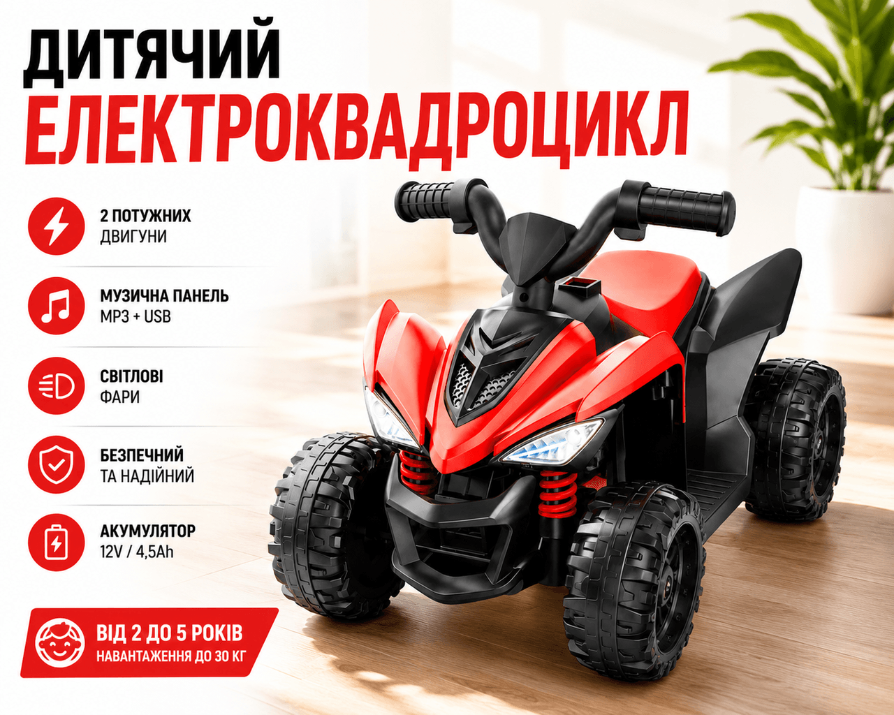 Дитячий електроквадроцикл 202/Квадроцикл акумуляторний музичний