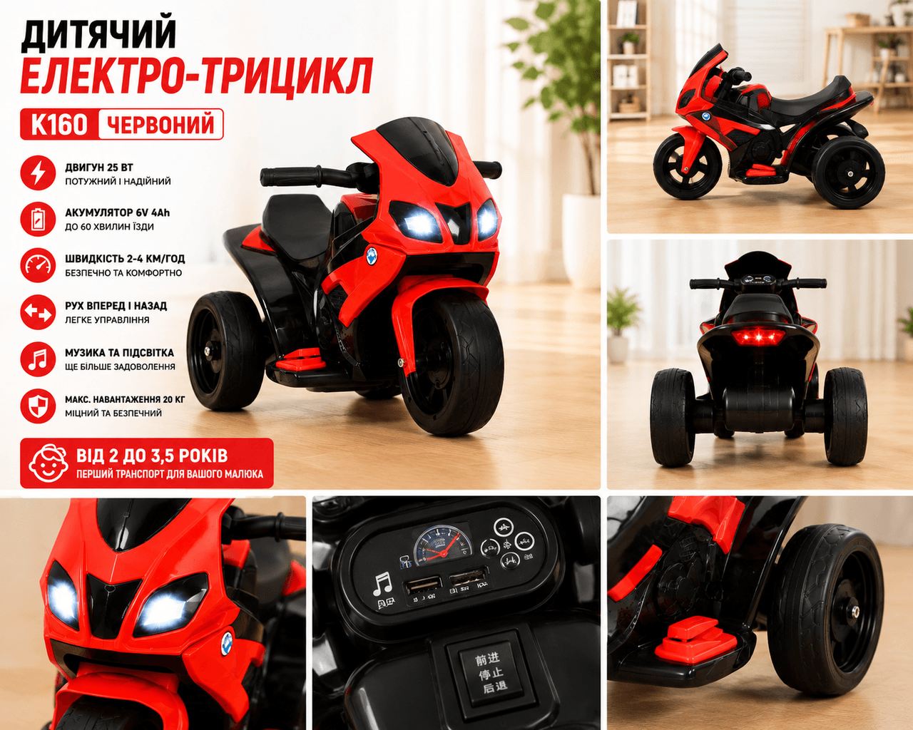 Дитячий електро-трицикл K160 Червоний/ Дитячий електромотоцикл акумуляторний