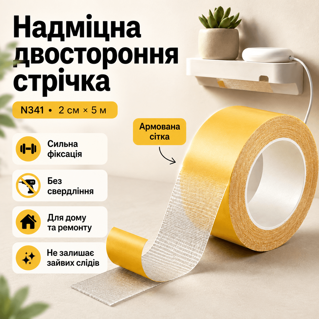 Надміцна двостороння стрічка-скотч 2 см*5 м N341