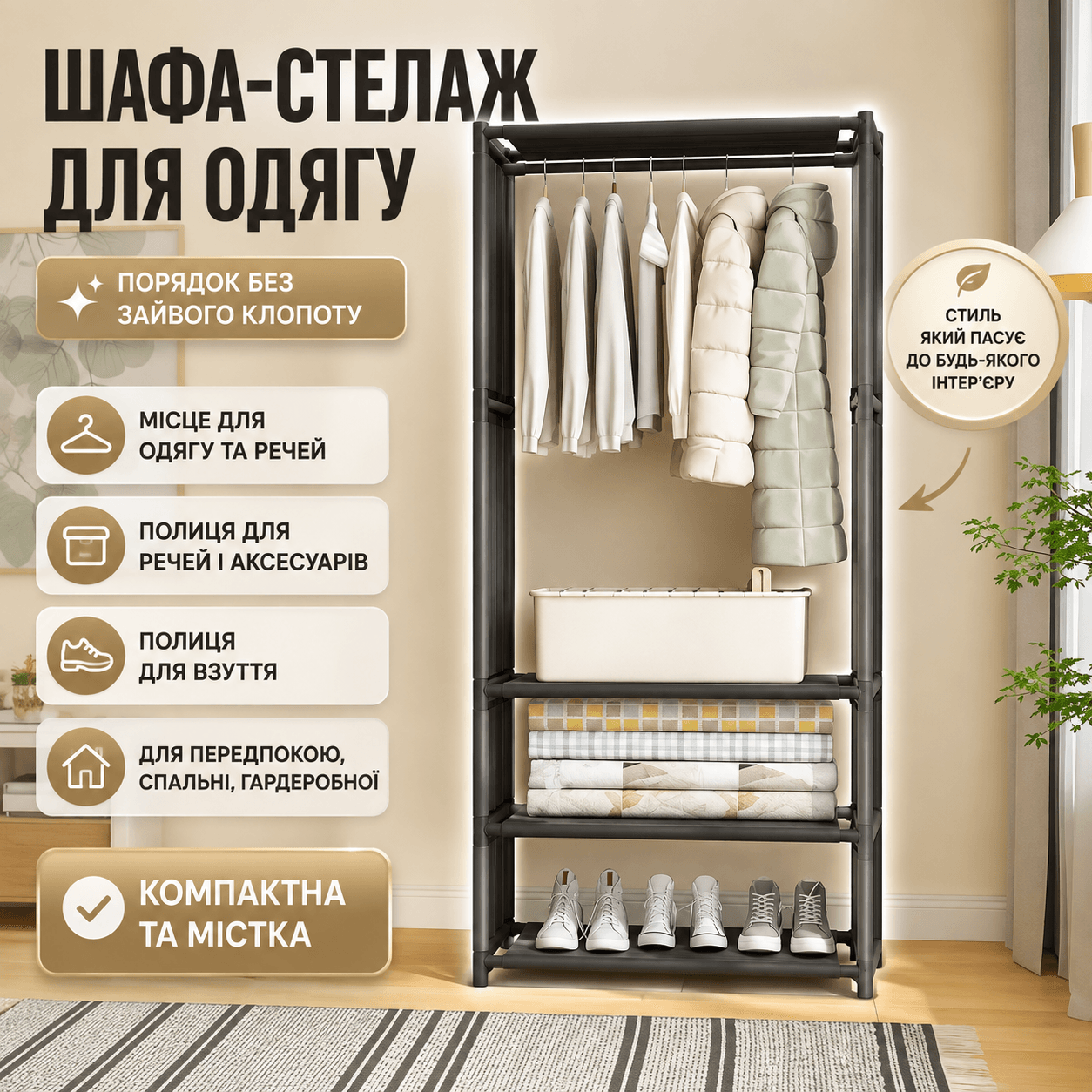 Розкладна шафа-стелаж RIAS YH7702-1 з полицею для взуття 170x60x36 см Black