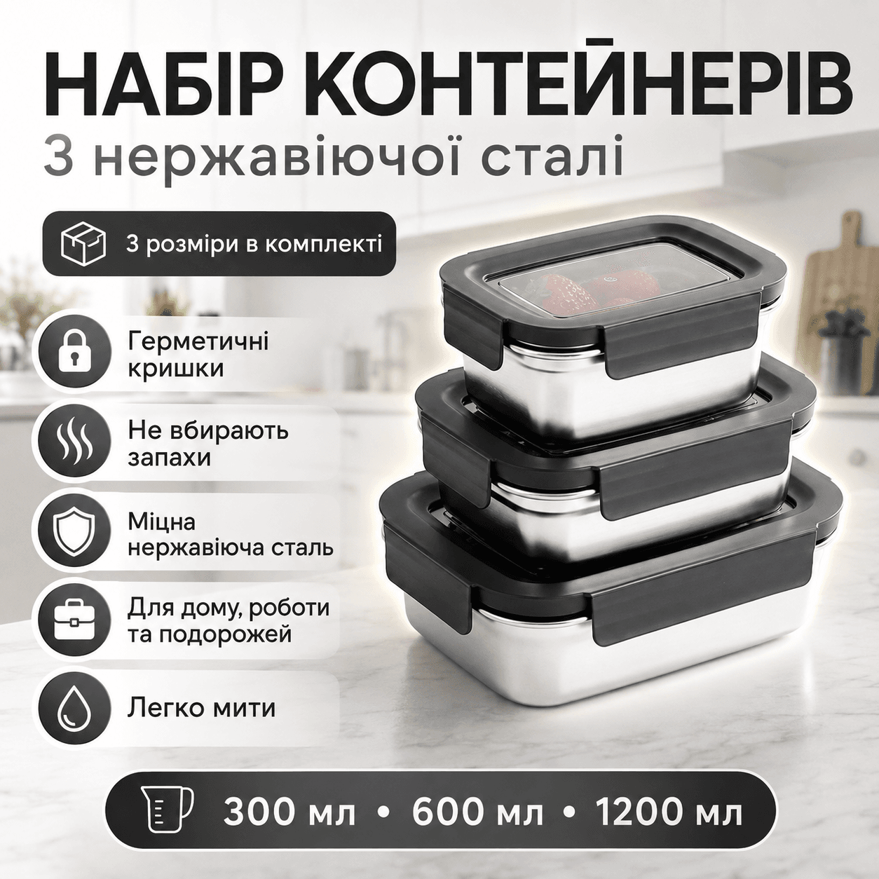3шт Контейнер для їжі 300/600/1200 мл з кришками 20687-10 / Контейнер для зберігання продуктів