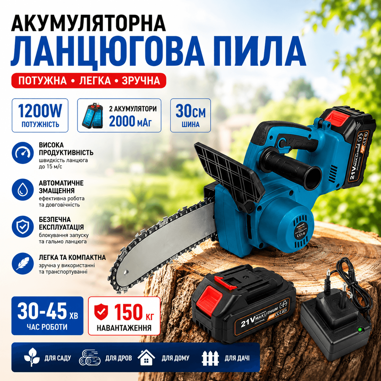 Ланцюгова пила з двома акумуляторами 48V 5АР 12 дюймів