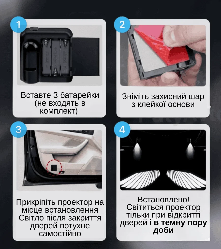 Проєкційна підсвітка для дверей автомобіля «Крильканева» 2 шт. з магнітним датчиком, бездротові LED-проєктори на двері авто