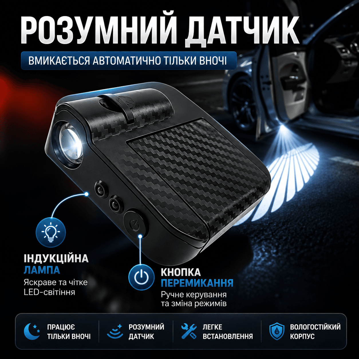 Проєкційна підсвітка для дверей автомобіля «Крильканева» 2 шт. з магнітним датчиком, бездротові LED-проєктори на двері авто
