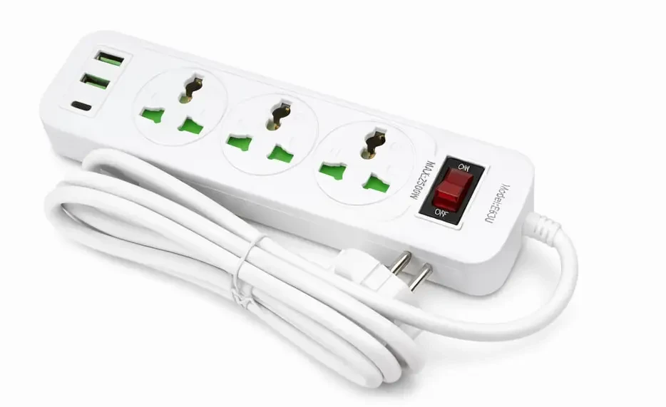 Мережевий фільтр-подовжувач AN WL-5 на 3 універсальні розетки та 3 USB-порти з кнопкою вмикання, білий