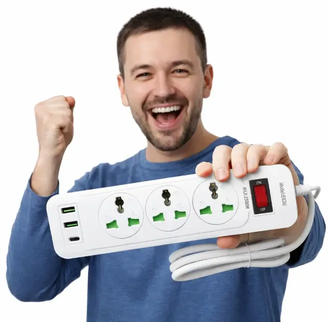 Мережевий фільтр-подовжувач AN WL-5 на 3 універсальні розетки та 3 USB-порти з кнопкою вмикання, білий