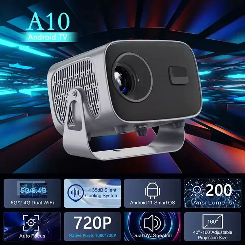 Портативний мультимедійний проєктор 4K Android A10 з Wi-Fi 2.4/5 ГГц, Bluetooth 5.2, автофокусом і автокоригцією трапеції