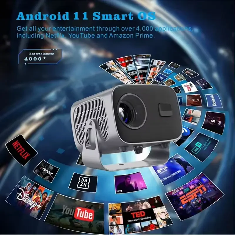 Портативний мультимедійний проєктор 4K Android A10 з Wi-Fi 2.4/5 ГГц, Bluetooth 5.2, автофокусом і автокоригцією трапеції