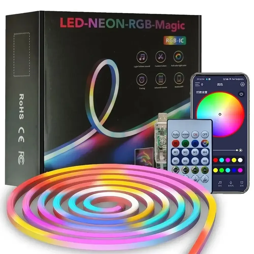 Розумна неонова стрічка від USB, 10 м, пульт + Bluetooth, Rgb/RGB стрічка/Гнучкий неон/Міжий неон/Дінка світлодіодна