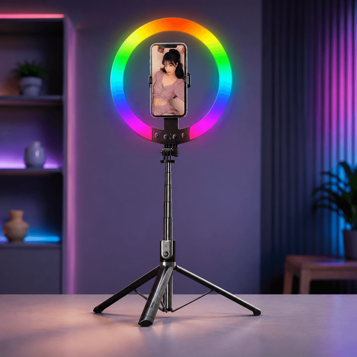 Селфі-палиця з кільцевою RGB LED-лампою та функцією AI-автовідстеження/штатив P100 з Bluetooth 5.2 Type-C