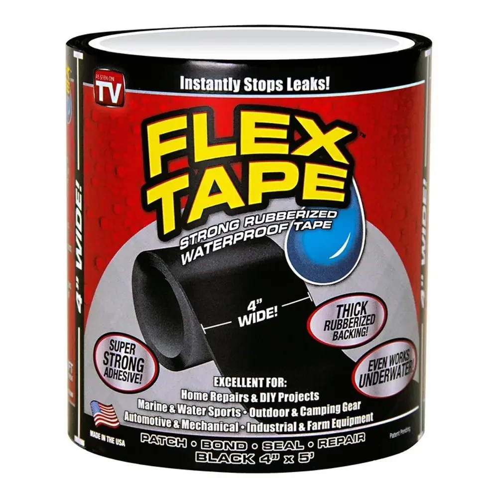 Водонепроникна ізоляційна стрічка 200×10 см, Flex Tape 2, Чорний/ Універсальний ремонтний скотч/Клейка стрічка надміцна