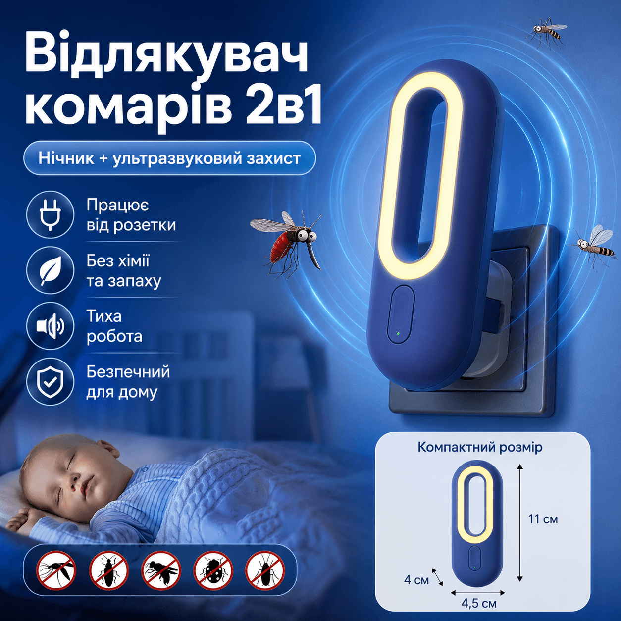 Світильник-нічник із відлякувачем комарів 2 в 1 від мережі 220 В, 1 Вт, компактний, білий