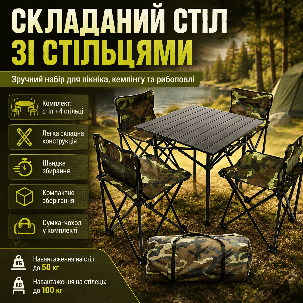 Складаний стіл для пікніка 53х53х50см + 4 стільці, Камуфляж / Стіл і стільці для пікніка / Туристичний столик розкладний