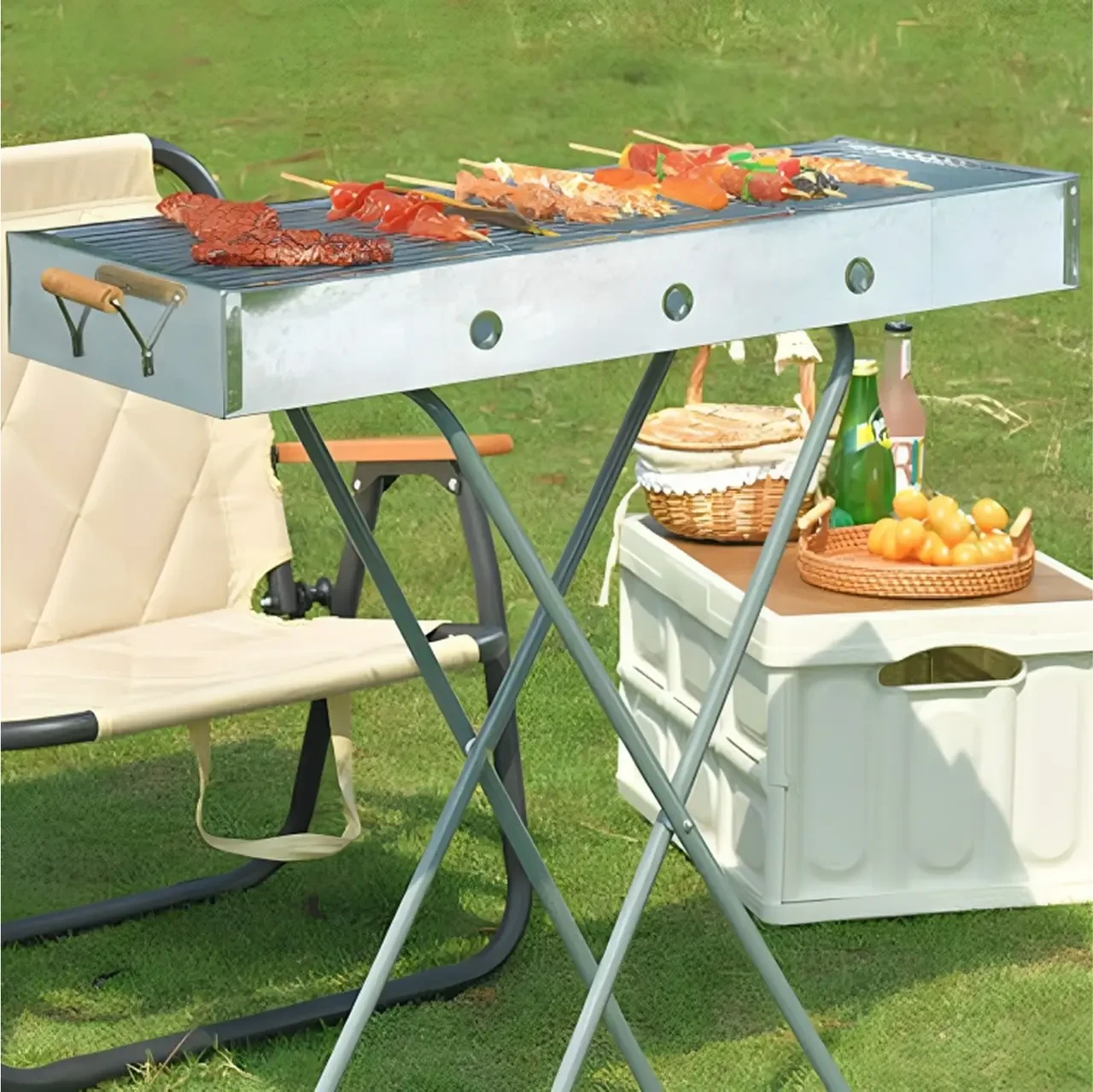 Розкладний мангал переносний 70х70х30 см, BARBECUE TRAY 770T, Сріблястий