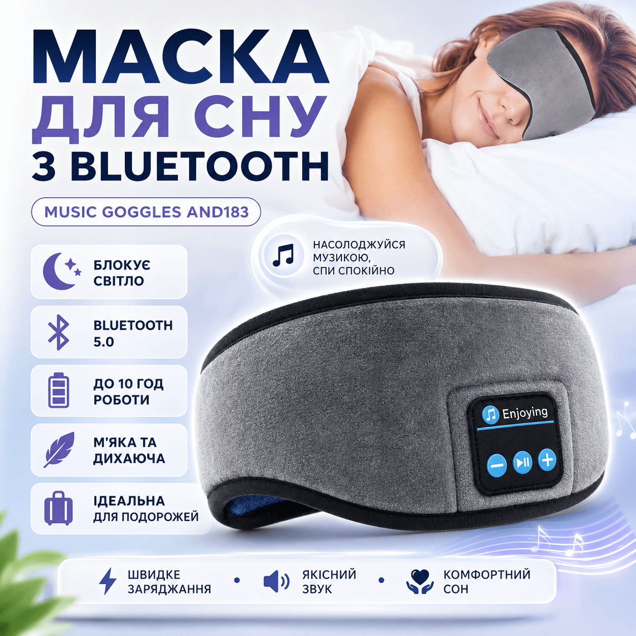 Маска для сну MUSIC GOGGLES A183 з гарнітурою Bluetooth, Сірий / Маска на очі для сну / Пов’язка на очі для сну