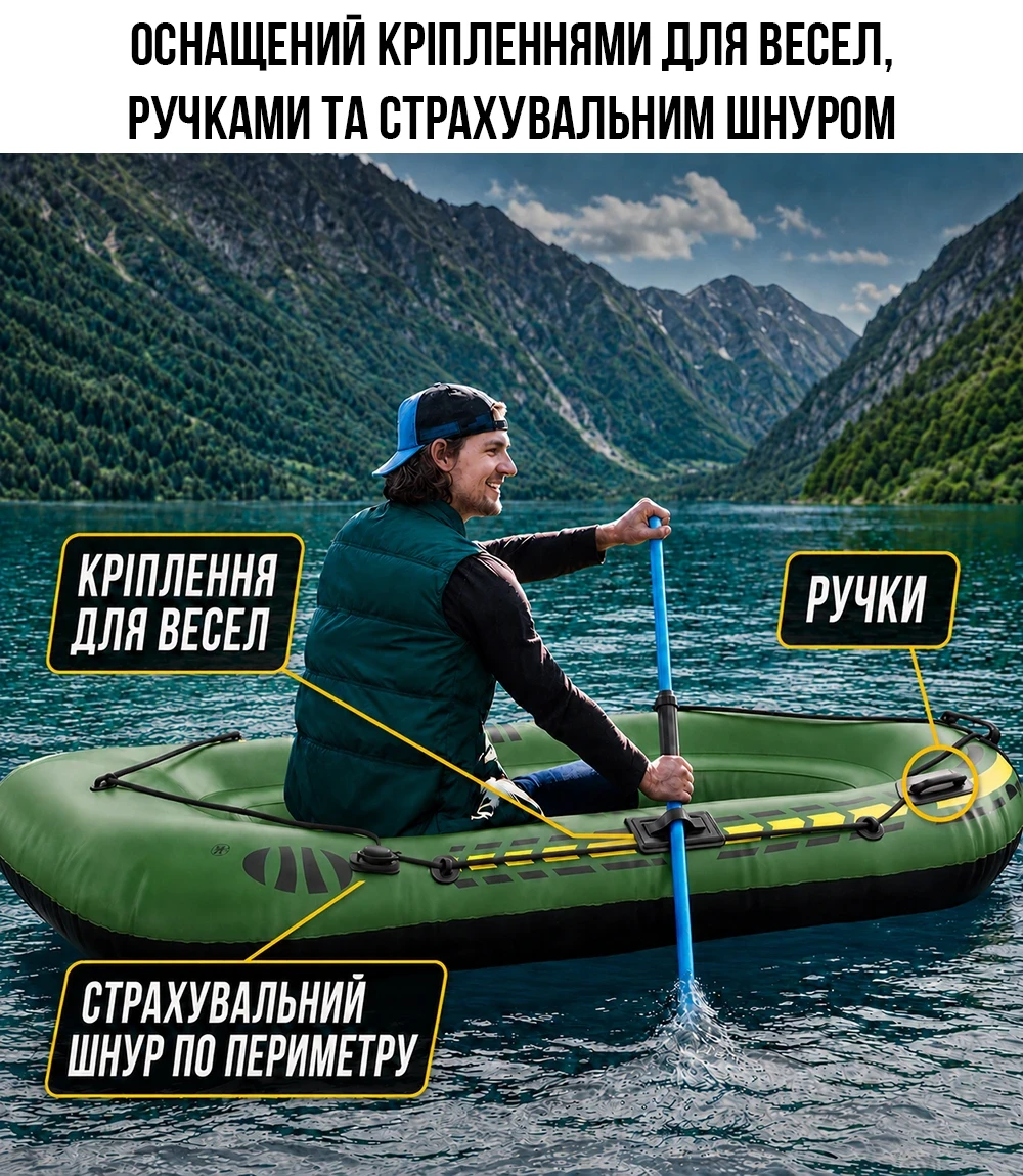 Надувний двомісний човен JR-2200 / Човен надувний 2 х-місний + подушка, насос, весла 180/98см
