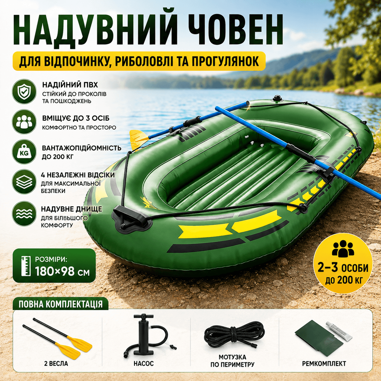 Надувний двомісний човен JR-2200 / Човен надувний 2 х-місний + подушка, насос, весла 180/98см