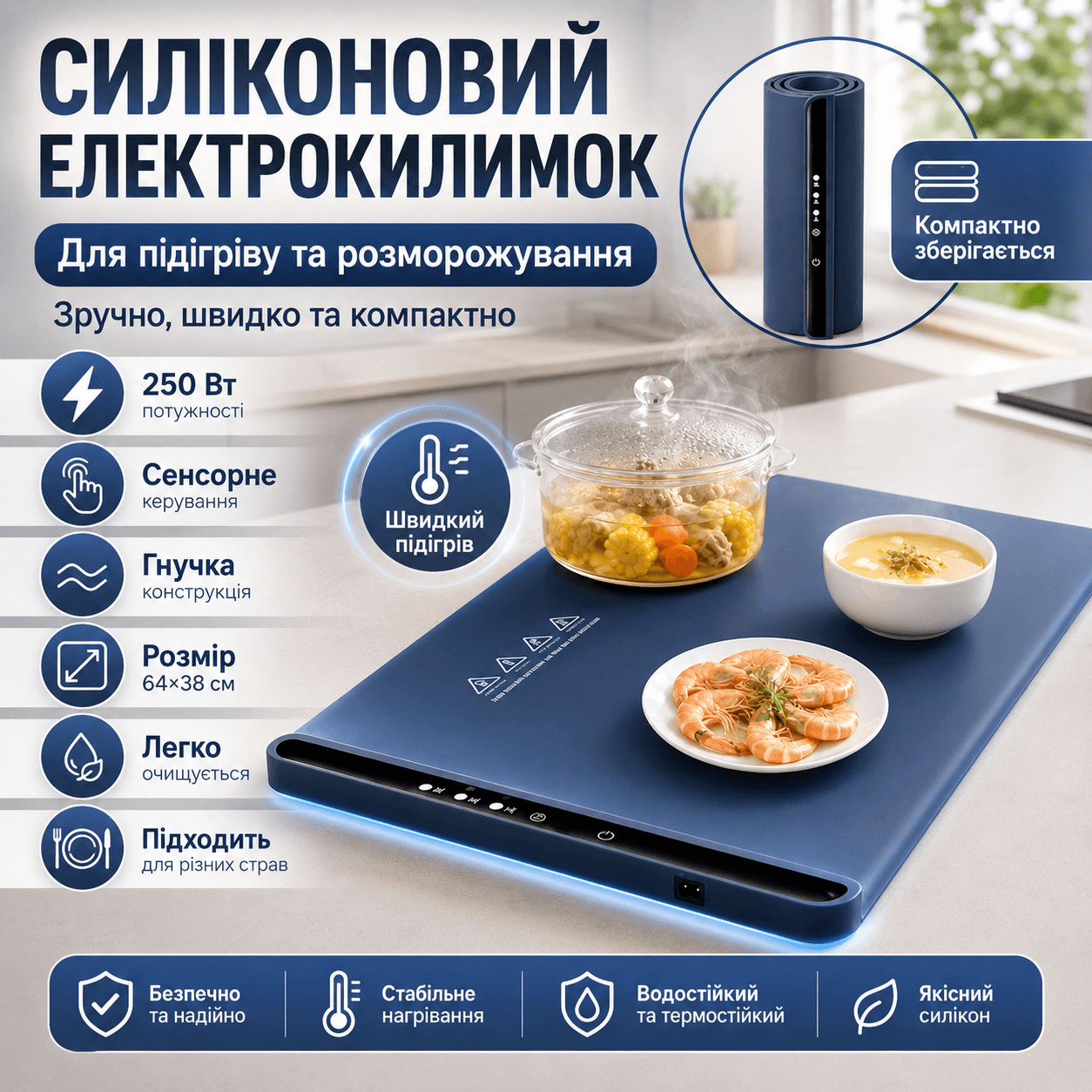 Електрокилимок для підігрівання їжі силіконовий, 64×38 см, 250W, Синій/Крижаний килимок/Термоковрик для посуду