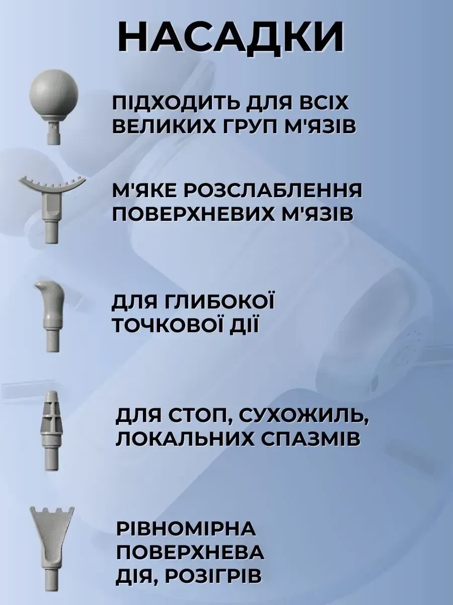 Портативний перкусійний масажер-пістолет 24 Вт із 6 швидкостями й 9 насадками для масажу м’язів