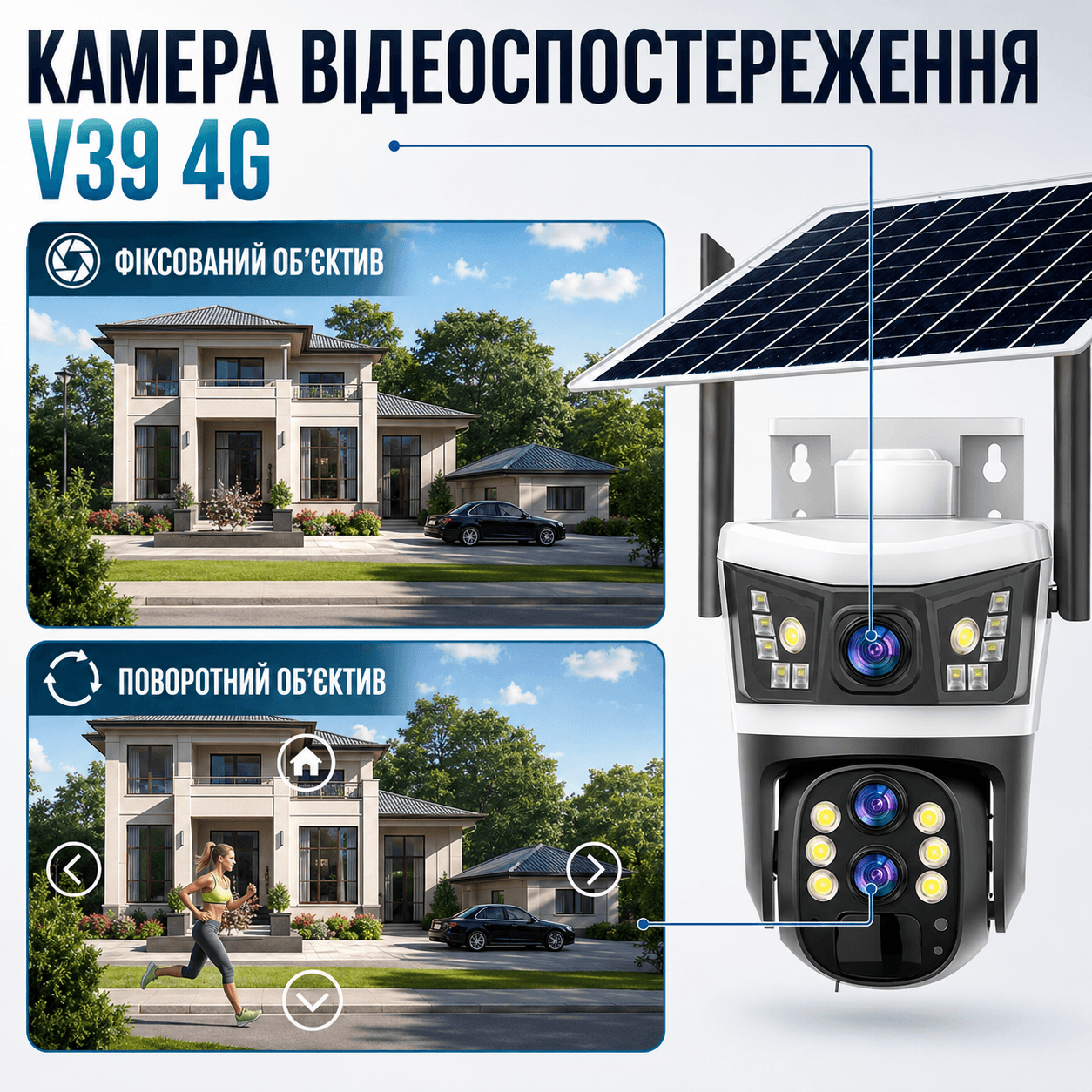 Вулична камера відеоспостереження 4G 12 Мп із сонячною панеллю і 3 об’єктивами V39