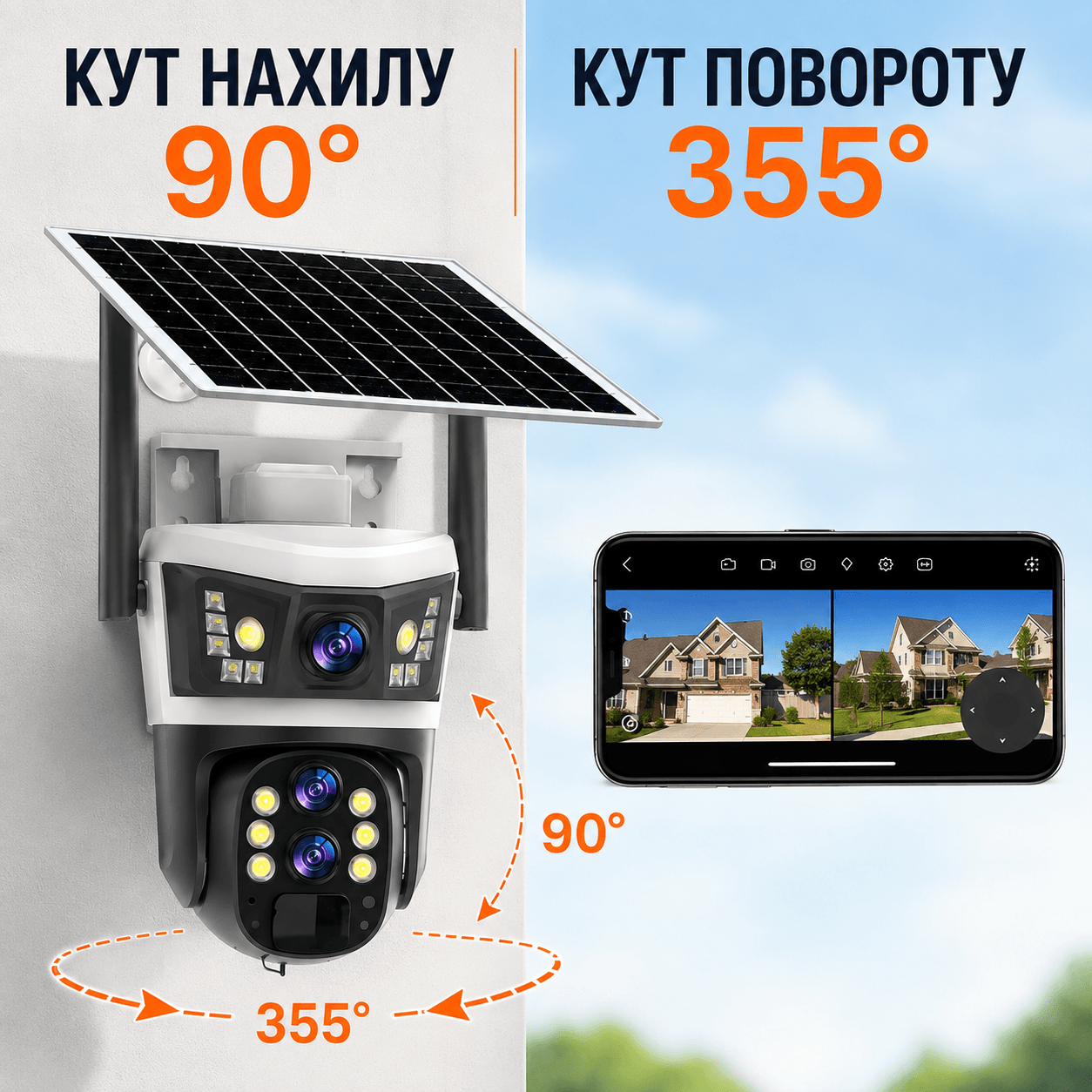 Вулична камера відеоспостереження 4G 12 Мп із сонячною панеллю і 3 об’єктивами V39
