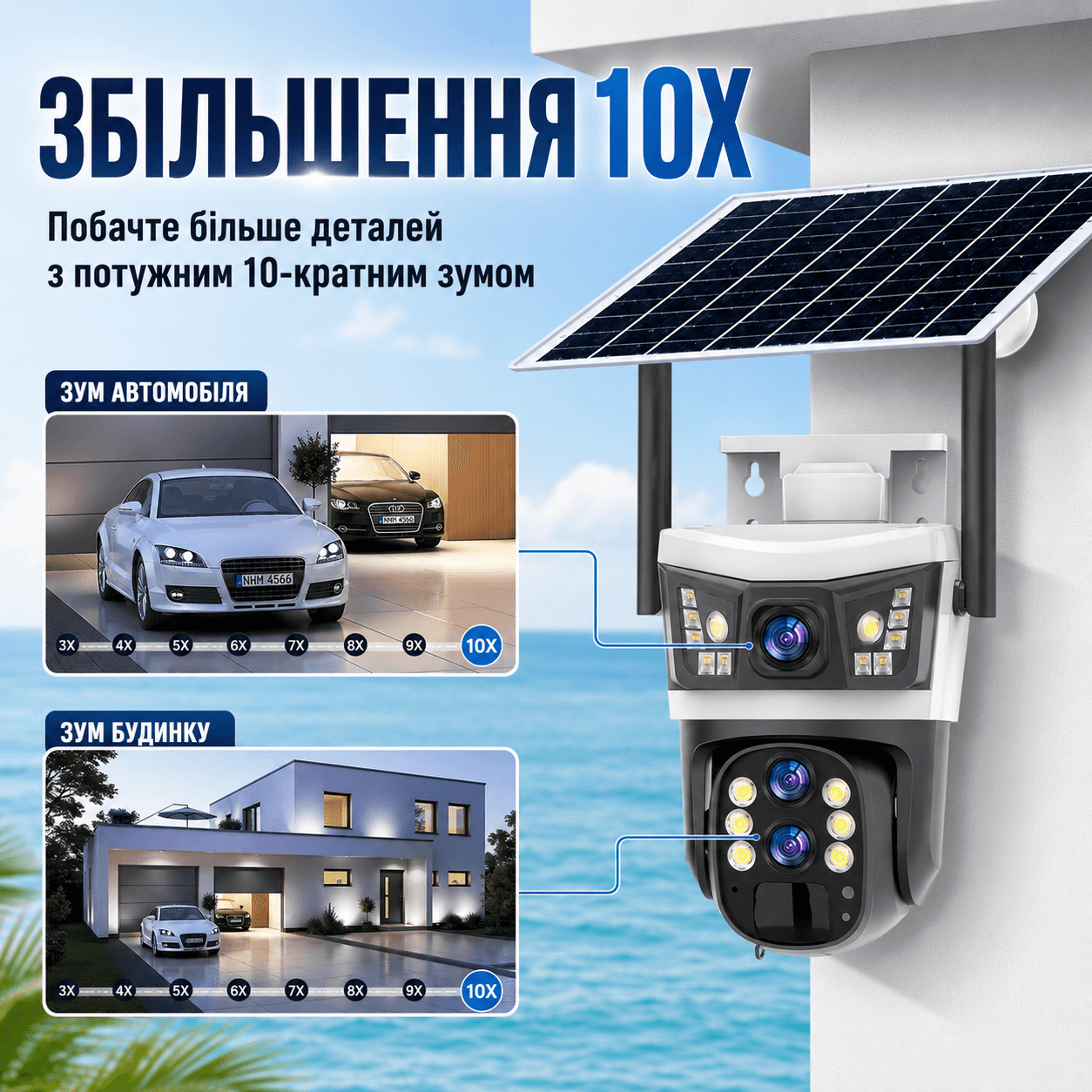 Вулична камера відеоспостереження 4G 12 Мп із сонячною панеллю і 3 об’єктивами V39