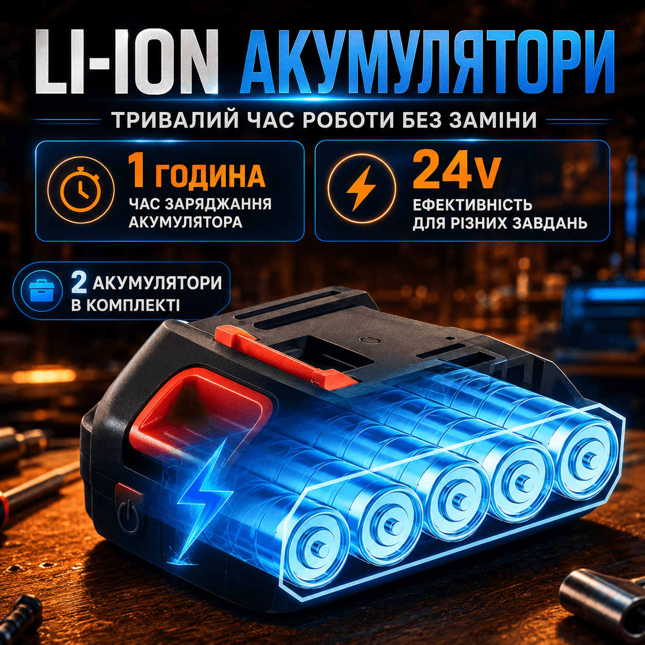 Акумуляторний шурупокрут 24V двошвидкісний з LED-підсвіткою і набором інструментів у кейсі