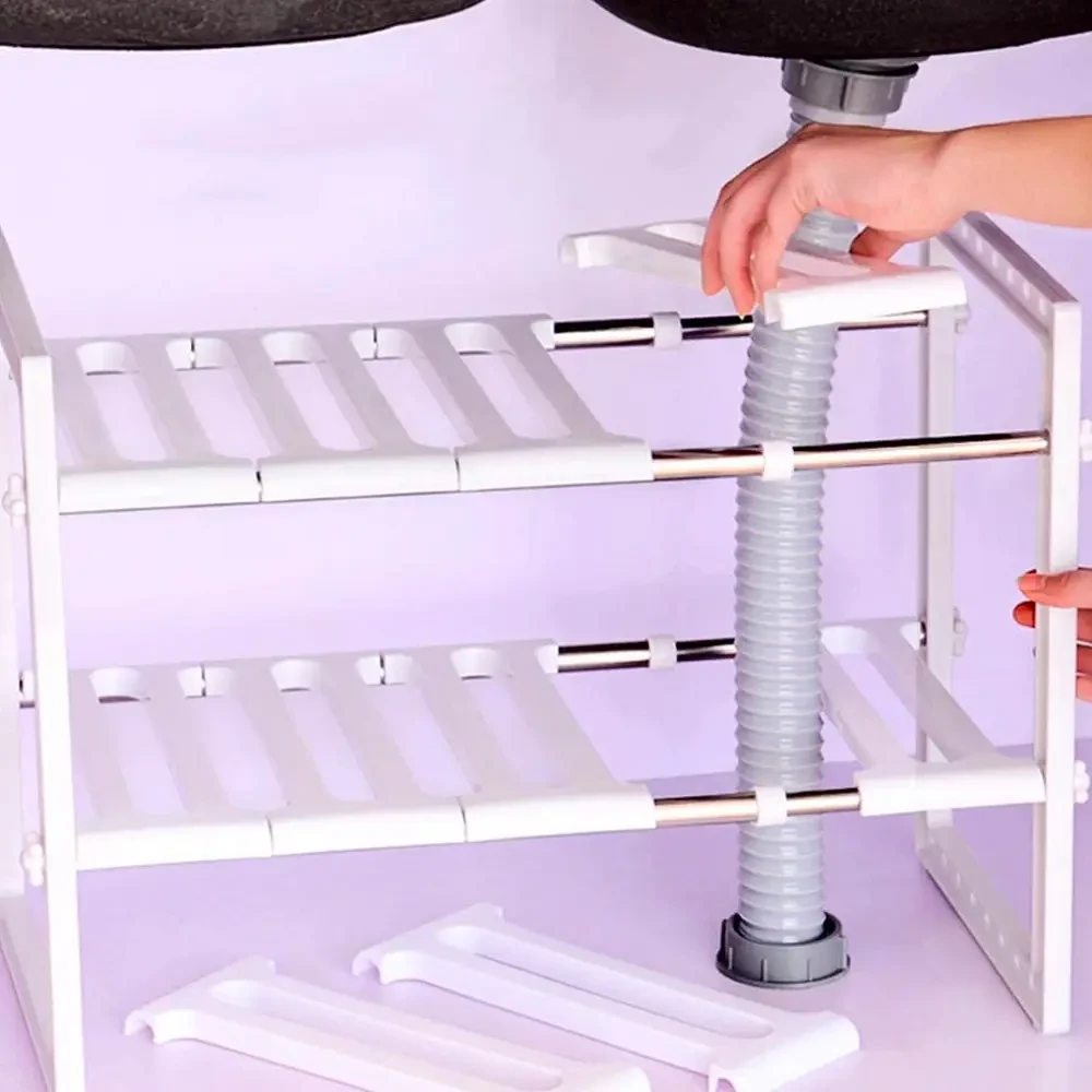 Регульована кухонна полиця, 38-70 см, KITCHEN RACK, Білий / Розсувний стелаж для зберігання посуду під раковину