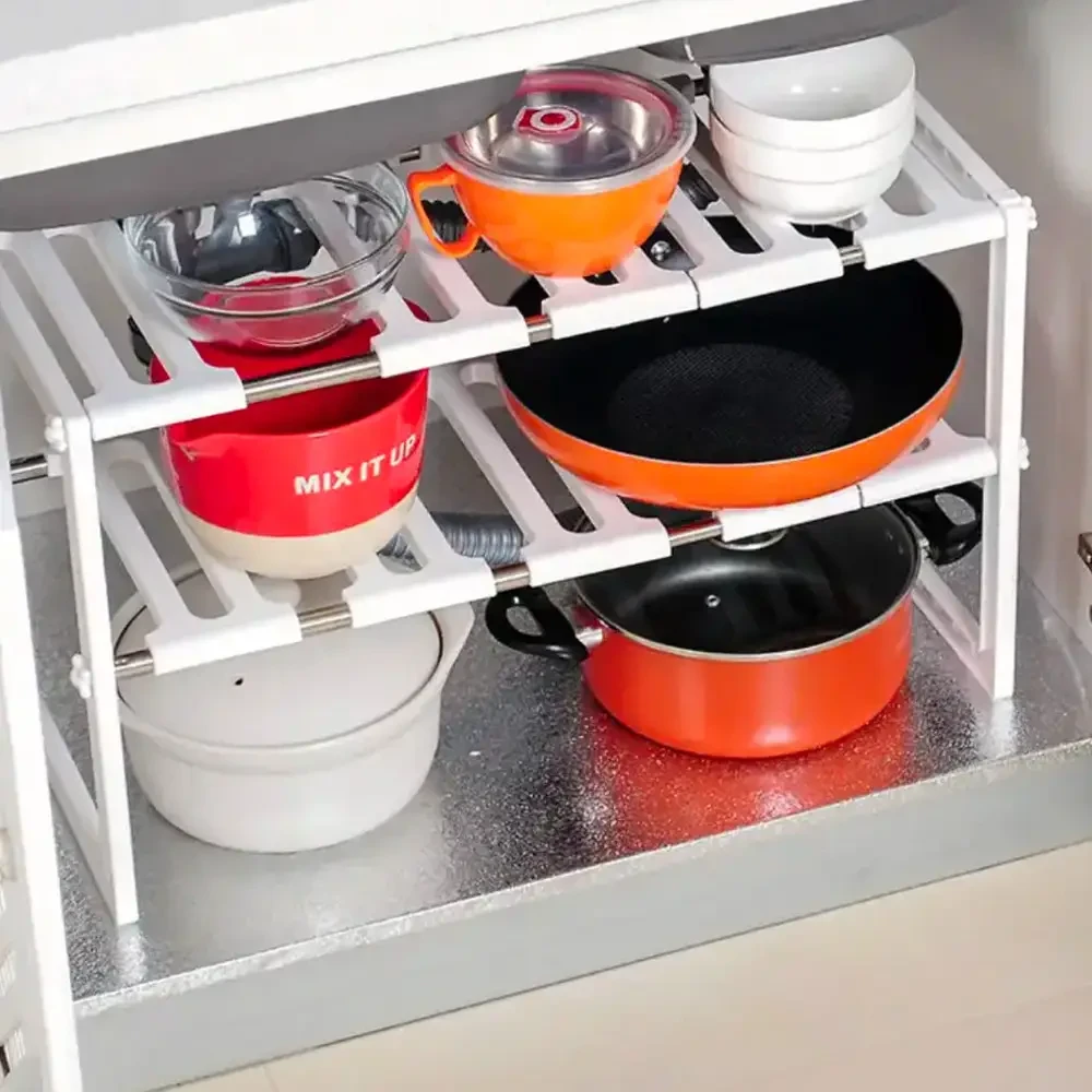 Регульована кухонна полиця, 38-70 см, KITCHEN RACK, Білий / Розсувний стелаж для зберігання посуду під раковину