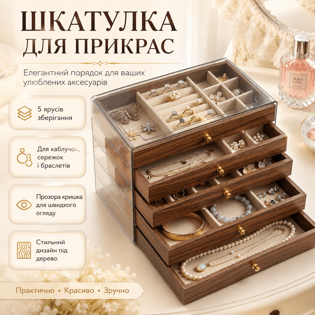 Скринька для зберігання прикрас XL-1833 Коричневий/Шкатулка для прикрас/ Органайзер для біжутерії