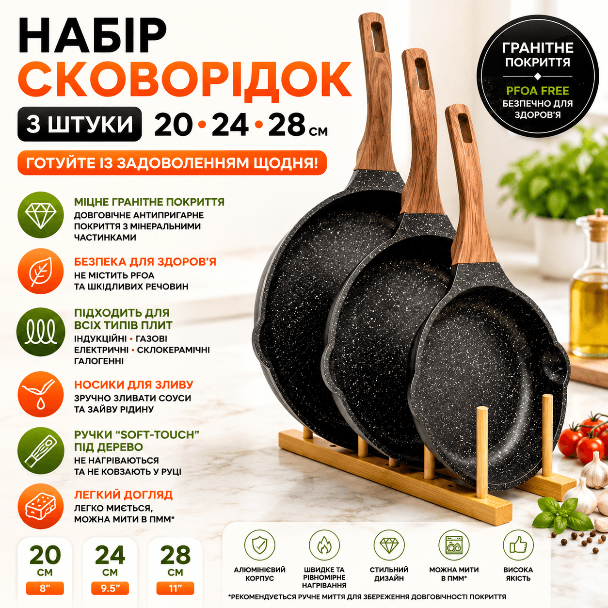 Набір сковорідок, 3 шт. 20-24-28 см, з гранітним покриттям, без кришок. Чорний (BW2-21)