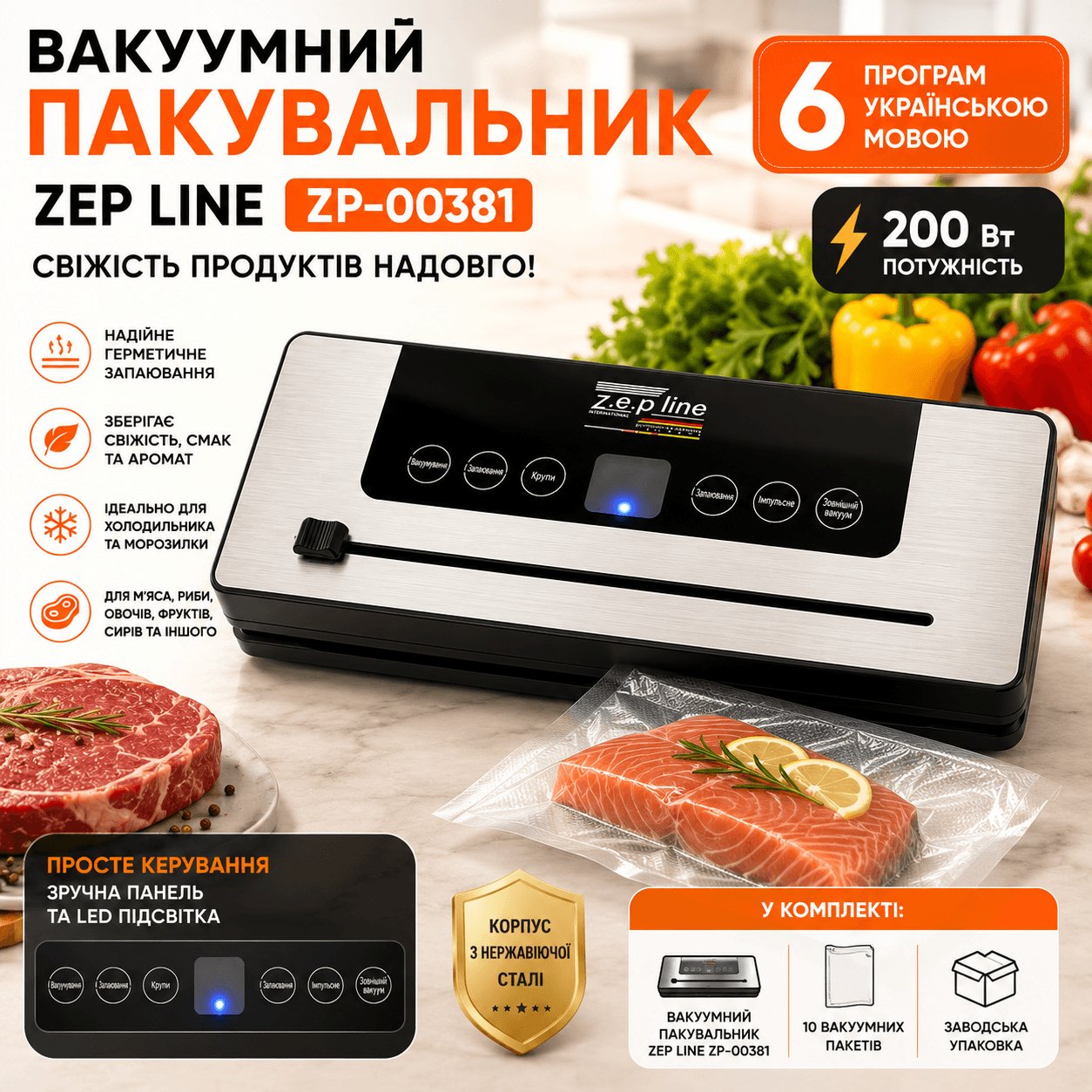 Вакуумний пакувальник Zepline ZP-00381 200 Вт із 6 програмами та LED-підсвіткою