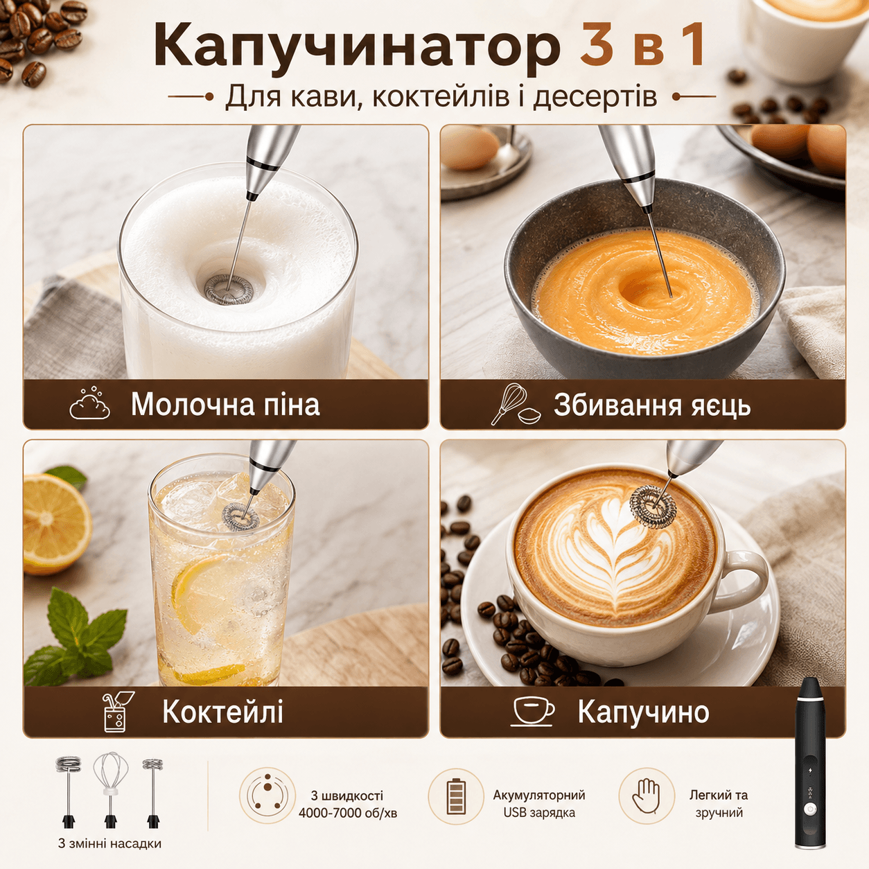 Портативний капучинатор Milk Frother 3 в 1 з 3 швидкостями та змінними насадками, акумуляторний спінювач молока 1200 мА·год USB,