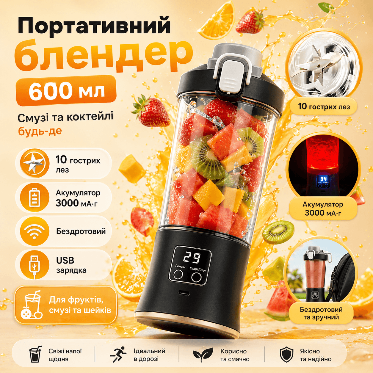 Портативний мініблендер 600 мл, XL-1427, Чорний/Акумуляторна пляшка-блендер/Блендер для смузі