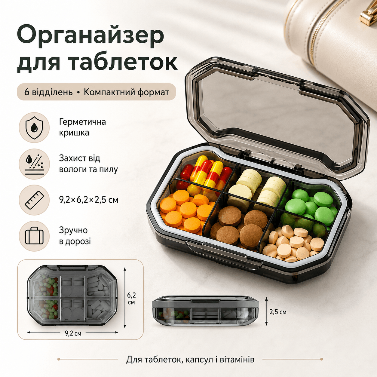 Таблетниця герметична на 6 відділень, Сірий/ Органайзер для таблеток L1225/Контейнер для ліків