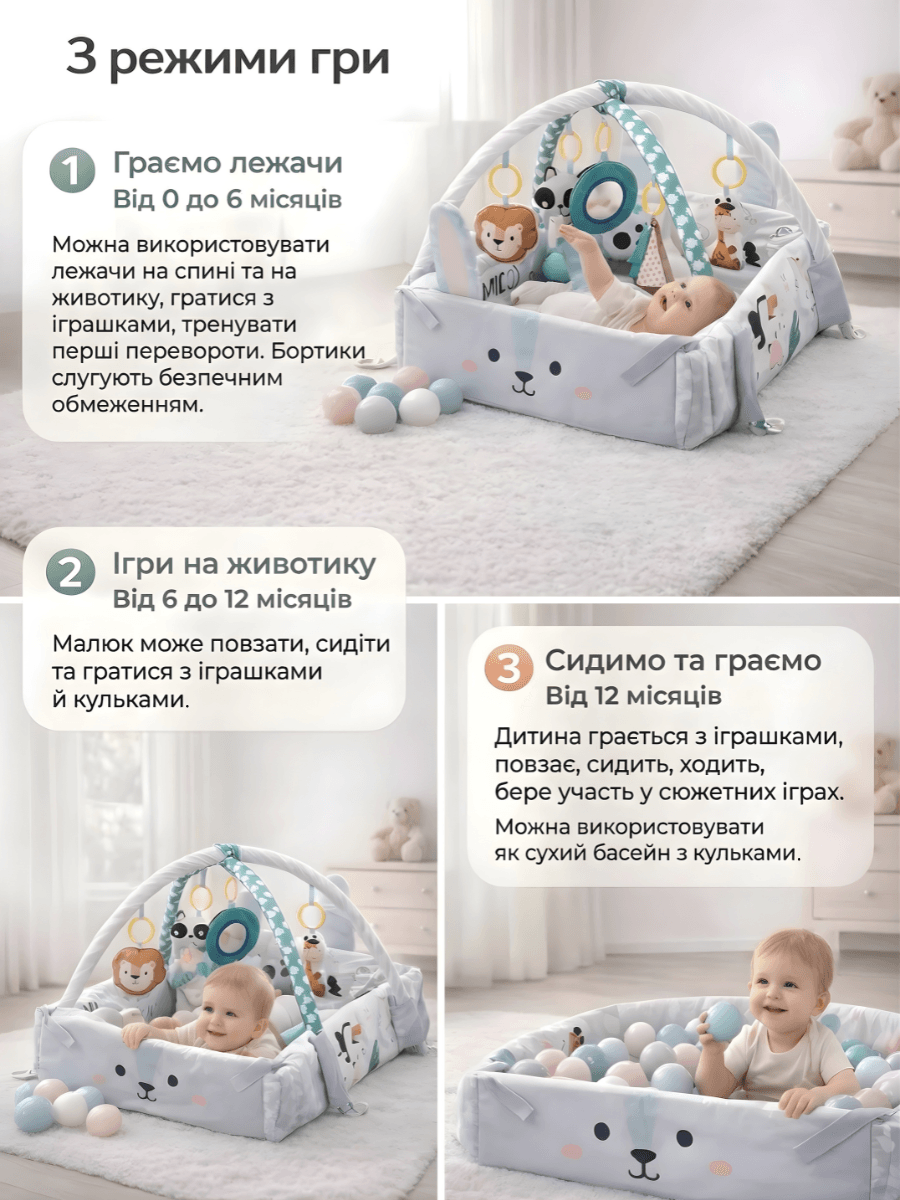 Розвивальний килимок Кролик 3в1 з м’якими бортиками та подушкою 102х110 см Сірий