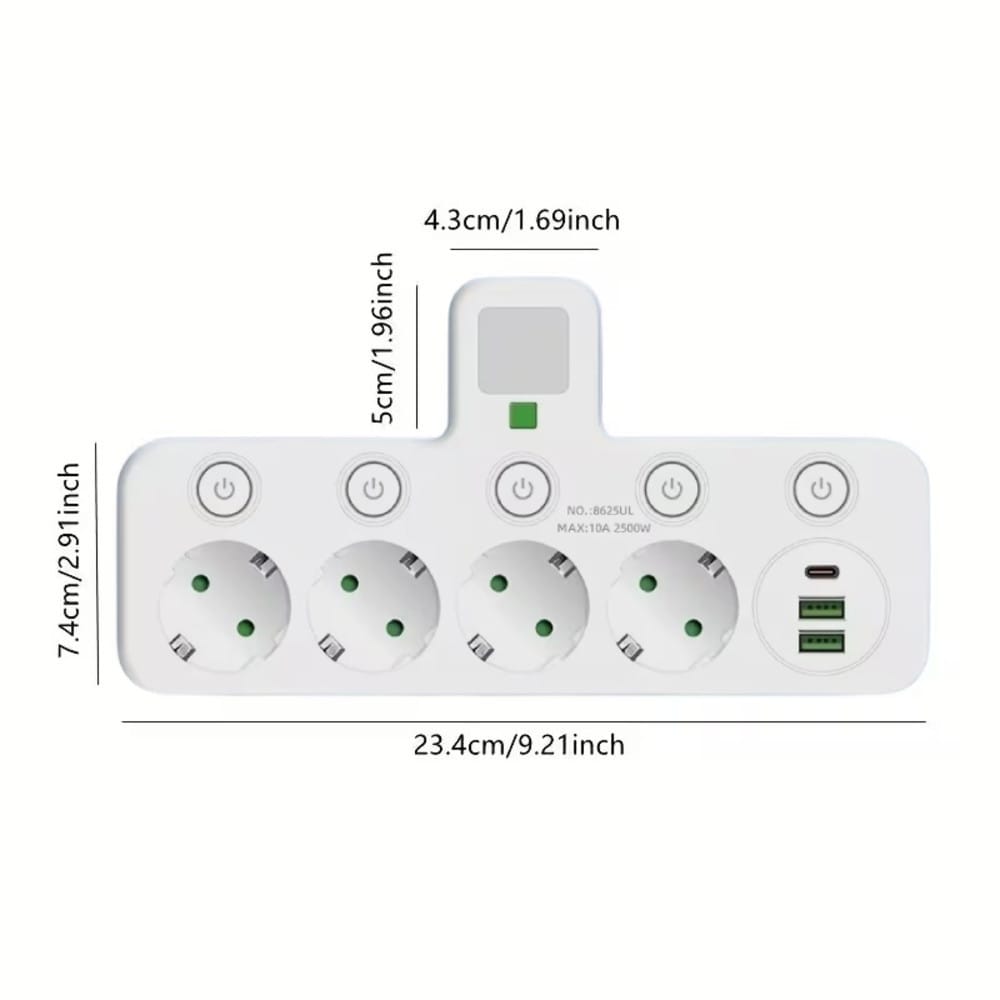 Мережевий фільтр-розгалужувач 2500W, 4х220V, 2xUSB, 1хType-C, 8625UL, Білий/Настінний трійник із підсвіткою