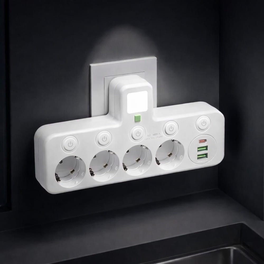 Мережевий фільтр-розгалужувач 2500W, 4х220V, 2xUSB, 1хType-C, 8625UL, Білий/Настінний трійник із підсвіткою
