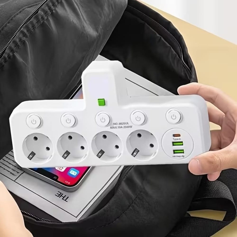 Мережевий фільтр-розгалужувач 2500W, 4х220V, 2xUSB, 1хType-C, 8625UL, Білий/Настінний трійник із підсвіткою