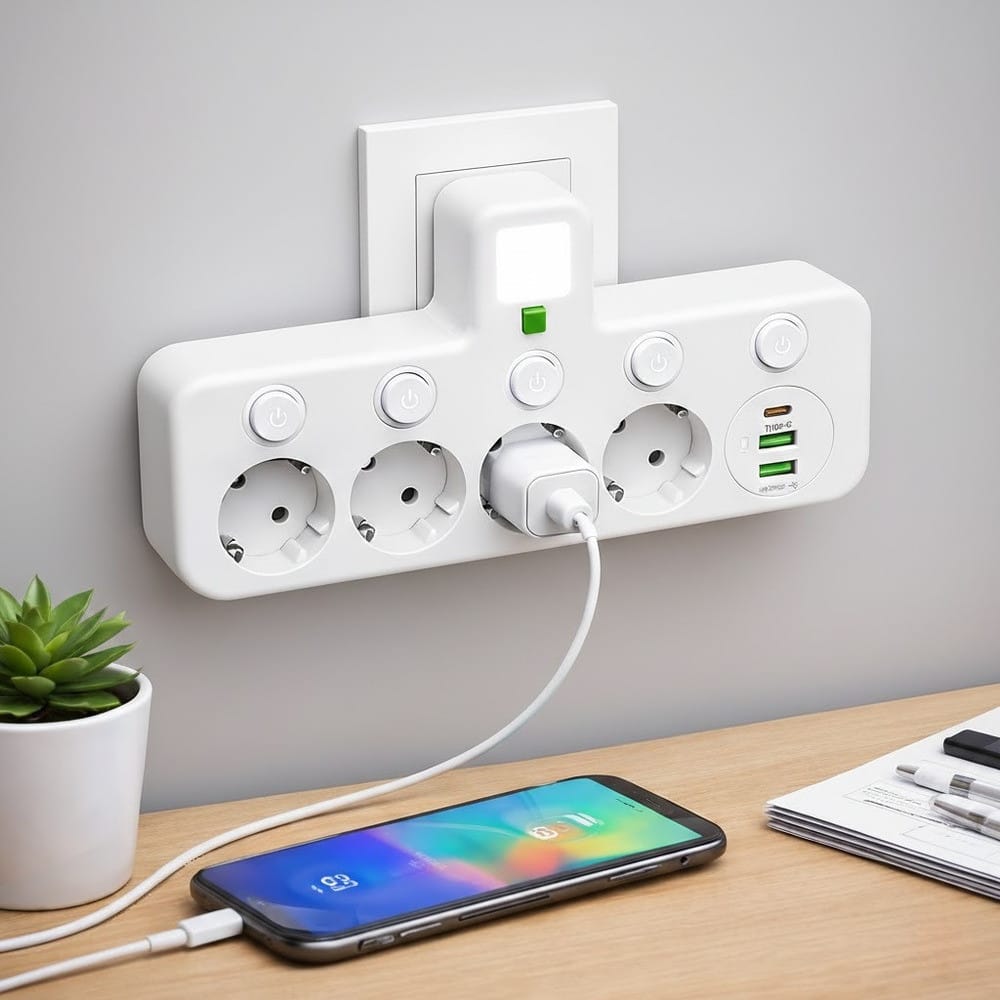 Мережевий фільтр-розгалужувач 2500W, 4х220V, 2xUSB, 1хType-C, 8625UL, Білий/Настінний трійник із підсвіткою