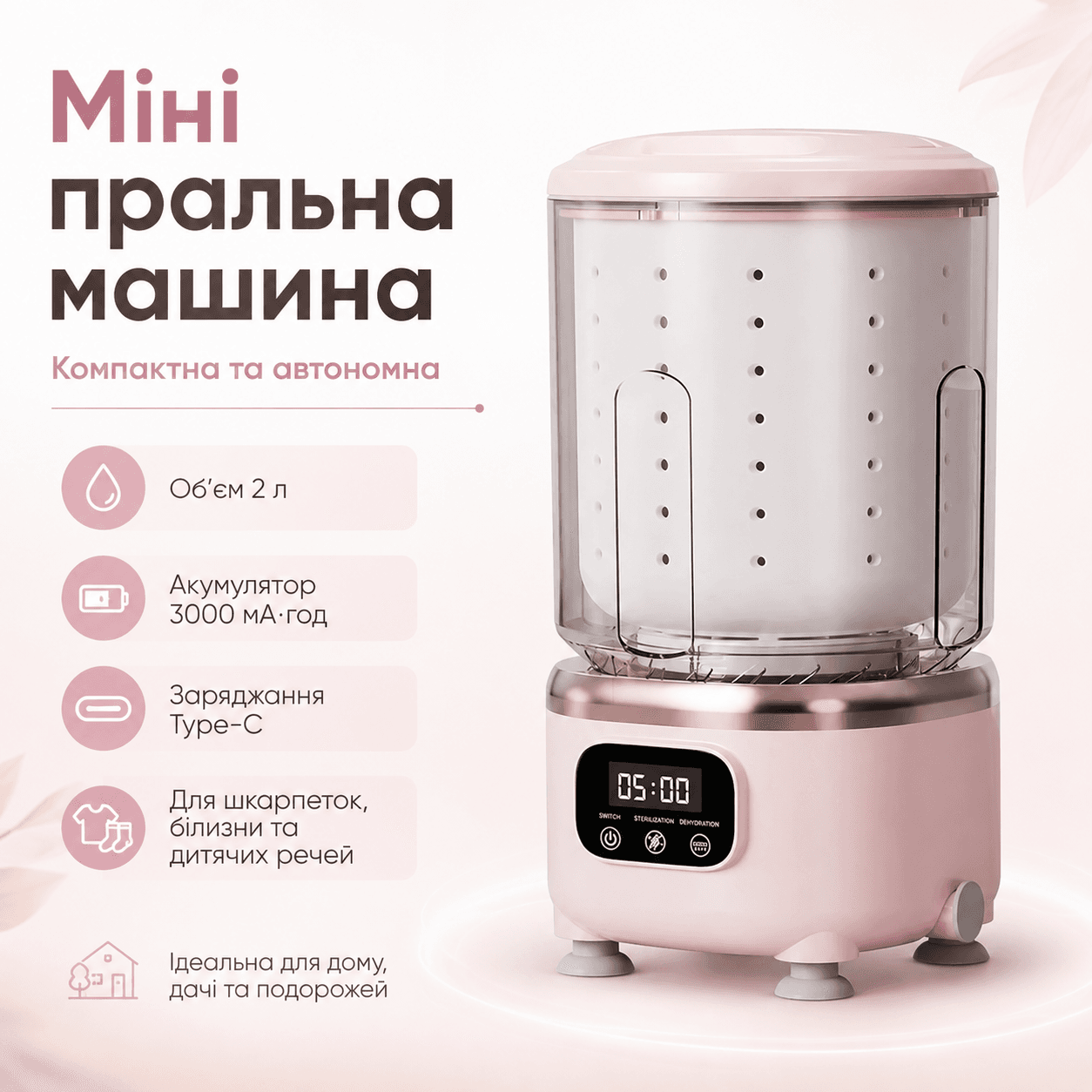 Міні пральна машина 2 л, на акумуляторі ND 366, 3000 мАг, Type-C, Рожева / Портативна пральна машинка / Компактна пральна машина