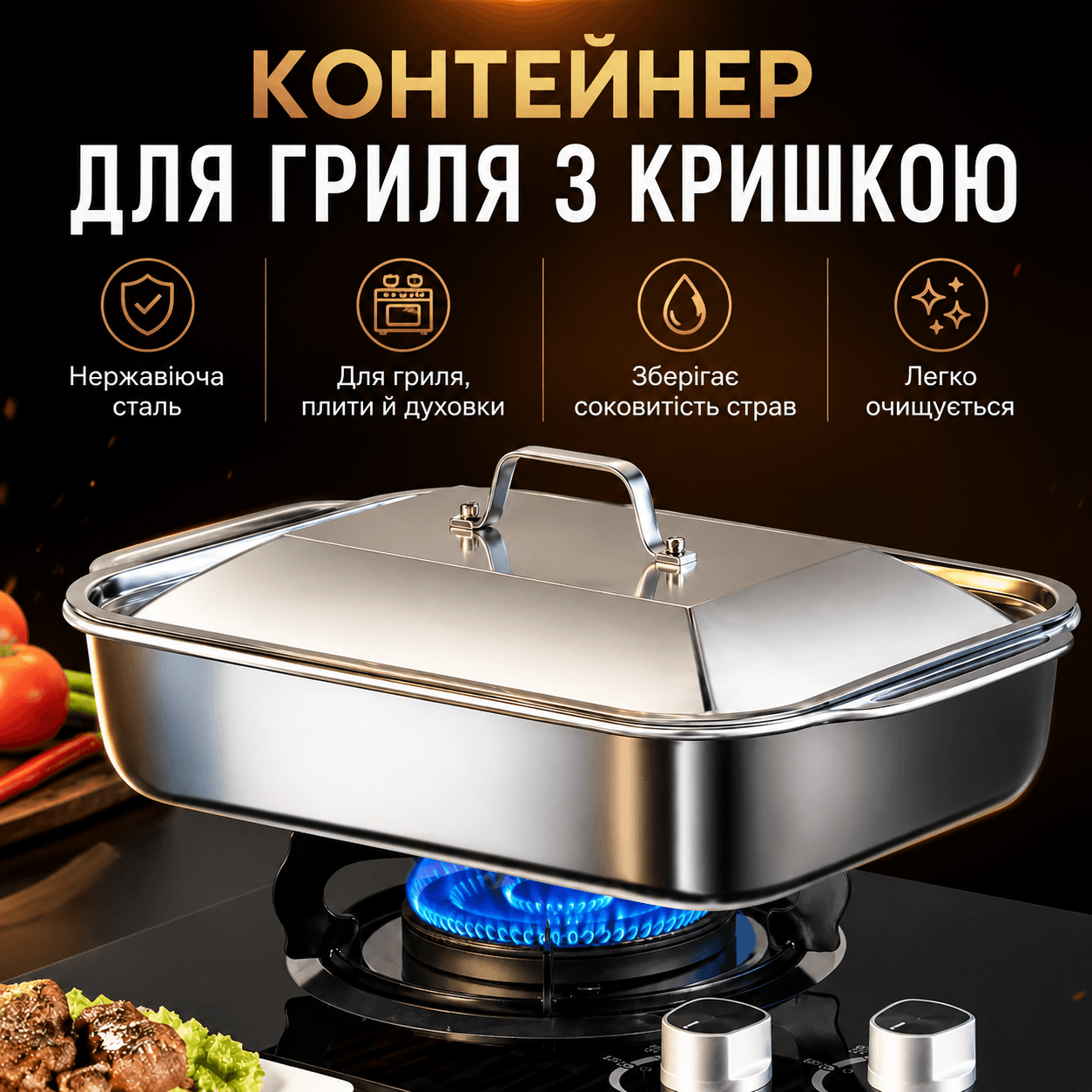 Металевий контейнер-лоток для гриля з кришкою з неіржавкої сталі для м’яса, риби, овочів, барбекю, плити та духовки