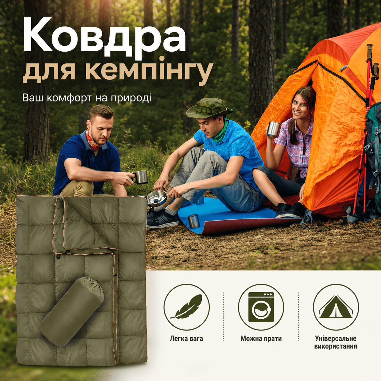 Водонепроникна пухова ковдра 200×140 см для туризму та походів