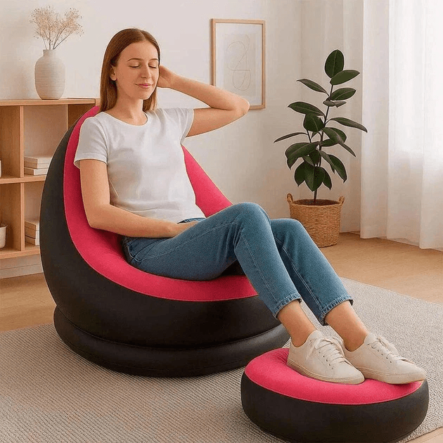 Надувне крісло з пуфиком 2в1 (116х98х83 см, до 100 кг) Air Sofa + насос, Чорний / Надувний велюровий диван із пуфом