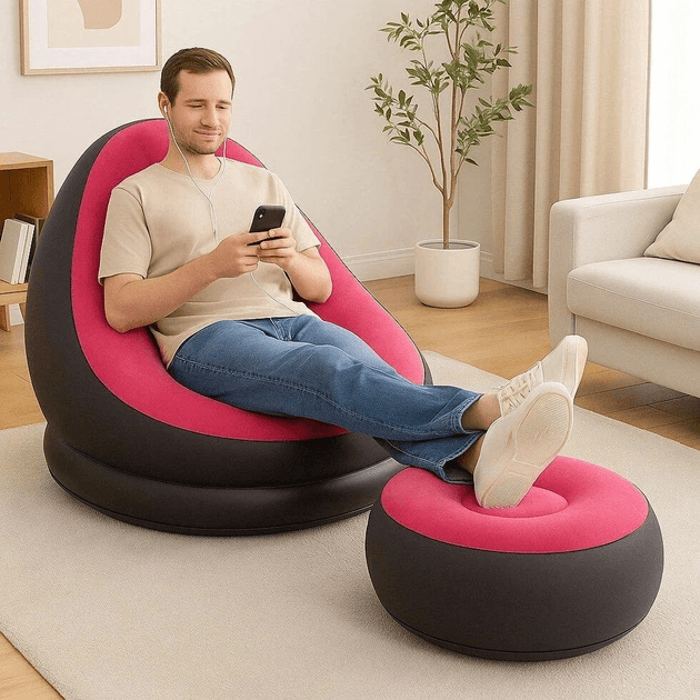 Надувне крісло з пуфиком 2в1 (116х98х83 см, до 100 кг) Air Sofa + насос, Чорний / Надувний велюровий диван із пуфом